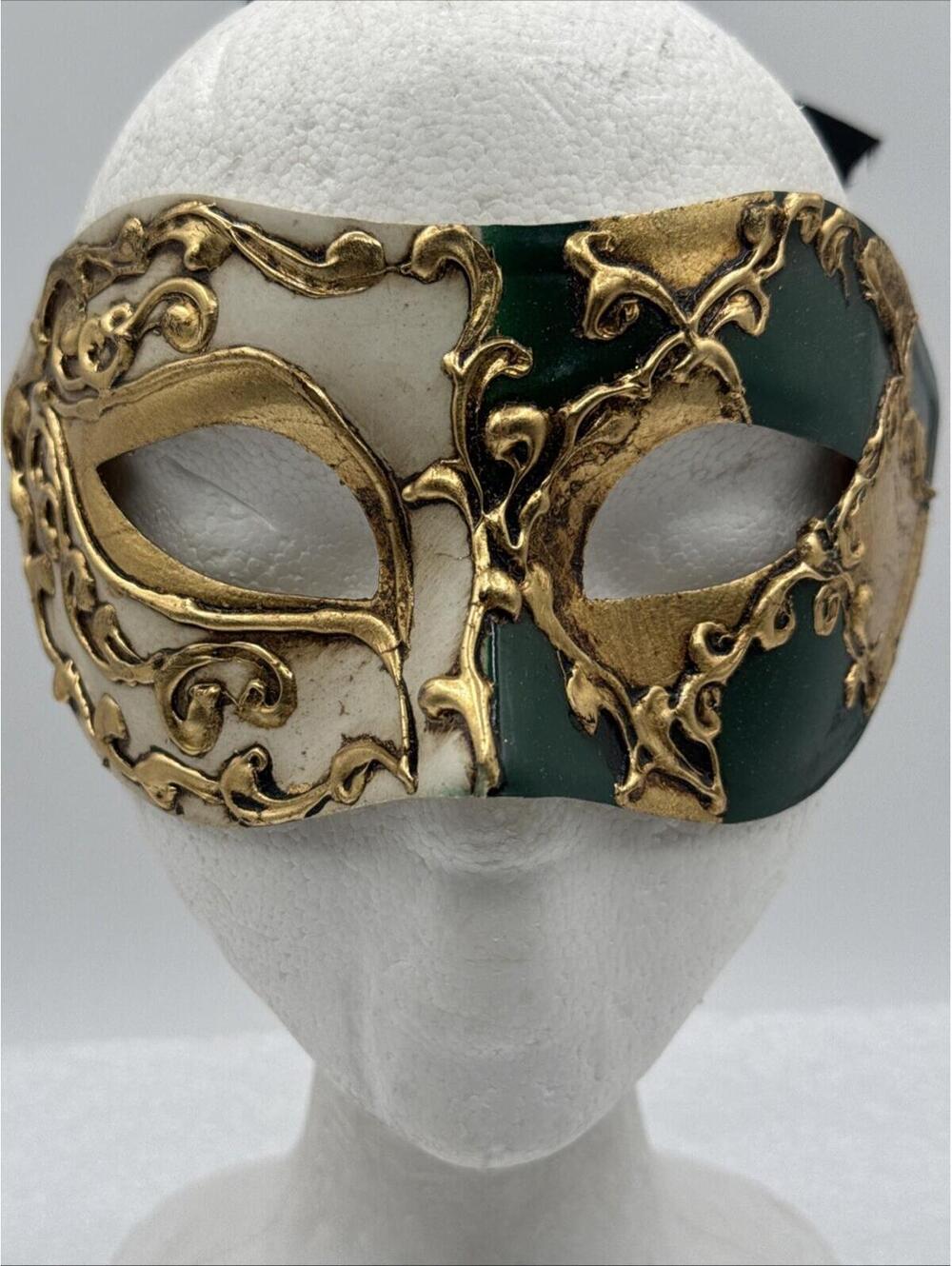 Vintage Venezia Hand Painted Mask Masquerade Gold Green Cream Paper Mache Italy